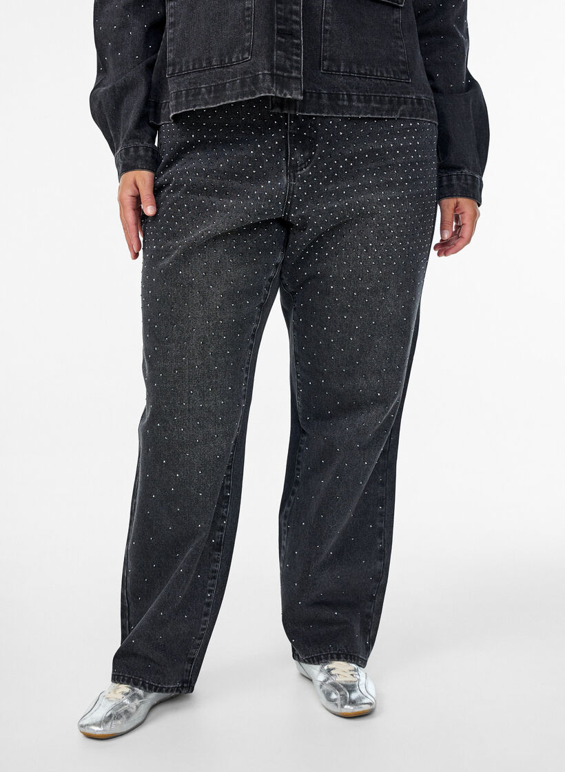 Straight fit jeans med rhinesteiner og høy midje, Grå, Model image number 2