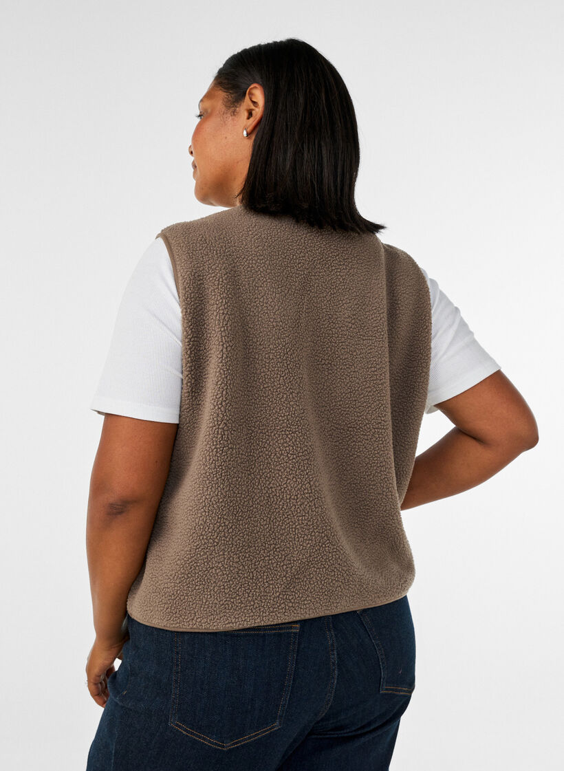 Teddy gilet med knapper og lommer, Brun, Model image number 2