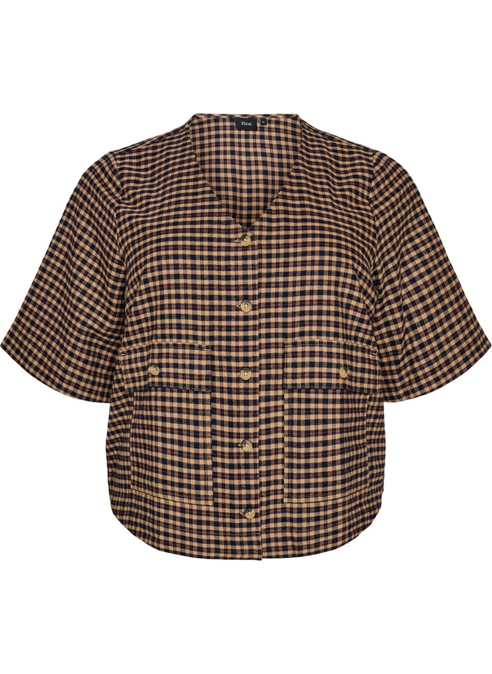Bluse med ruter og brystlommer, Brun, Packshot