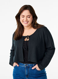 Jersey cardigan med tekstur og knyting foran, Svart Jersey cardigan med tekstur og knyting foran, Svart, Model