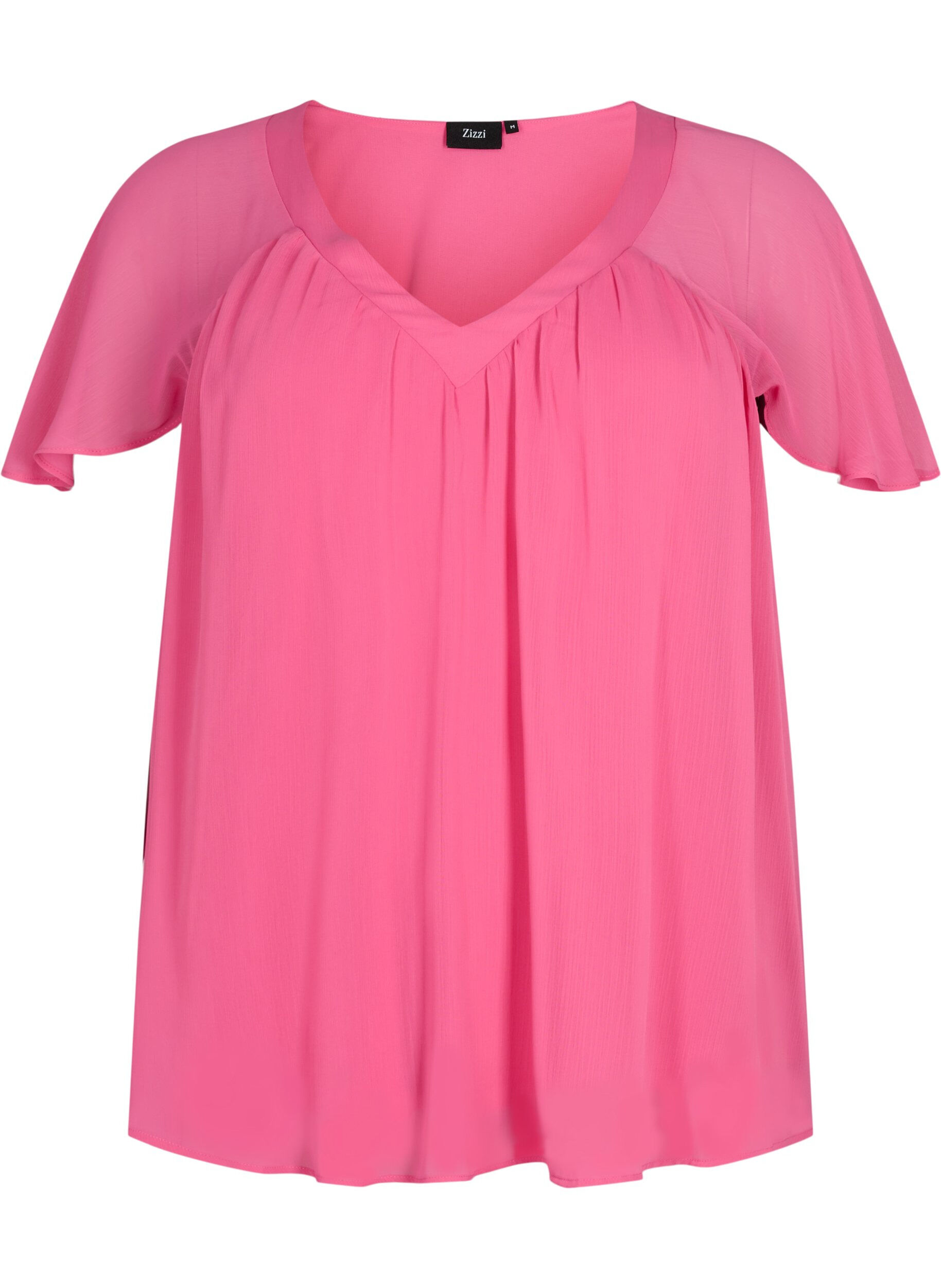 Zizzi Ensfarget bluse med flaggermusermer og V-hals, Shocking Pink, Packshot image number 0