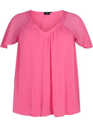 Ensfarget bluse med flaggermusermer og V-hals, Shocking Pink, Packshot image number 0