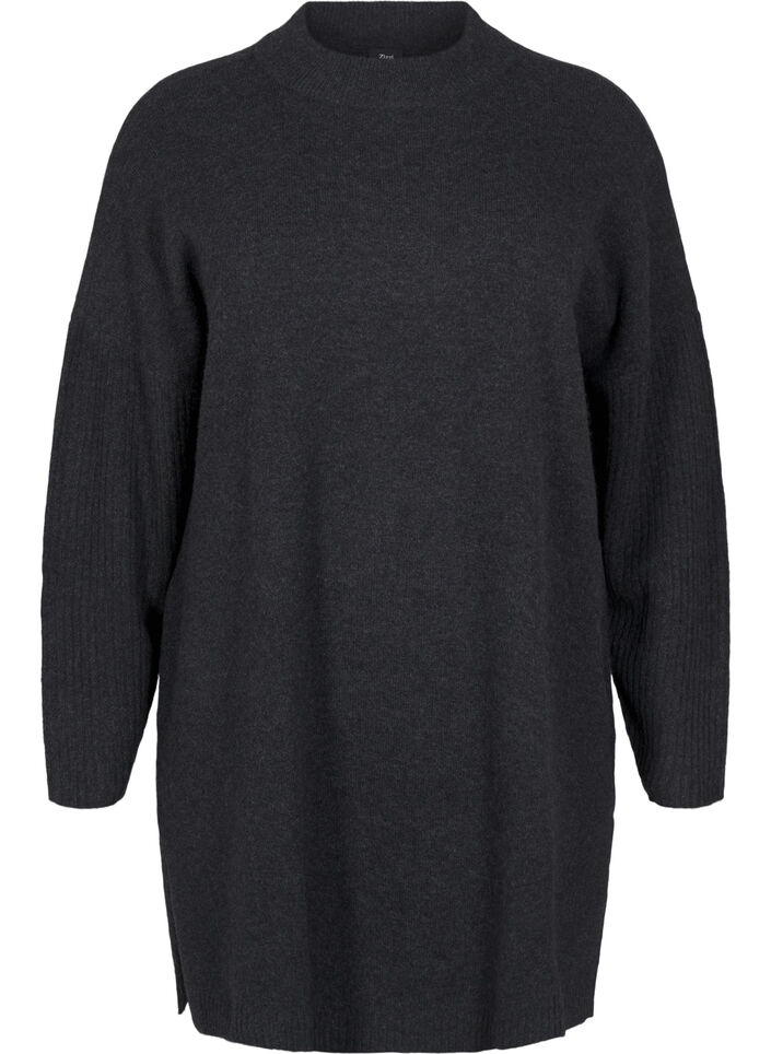 Lang strikket bluse med lange ermer, Dark Grey Melange, Packshot image number 0