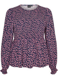 Bluse med smocket topp og blomstertrykk, Bl&aring;