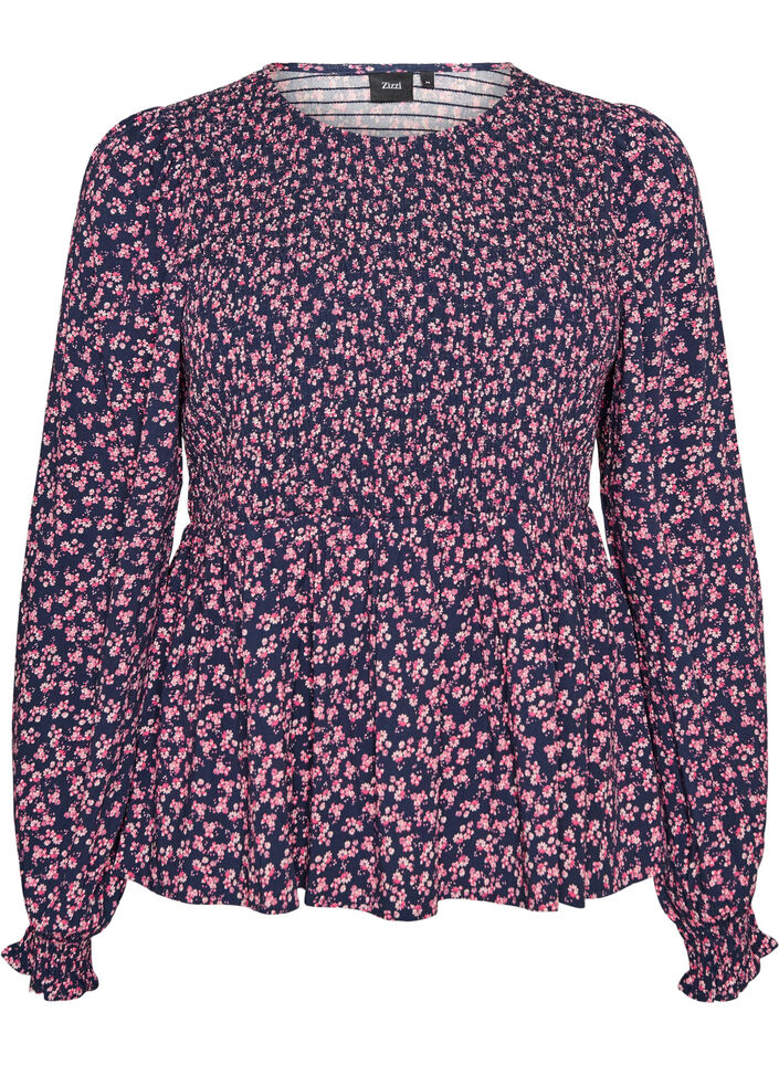 Bluse med smocket topp og blomstertrykk, Bl&aring;, Packshot image number 0