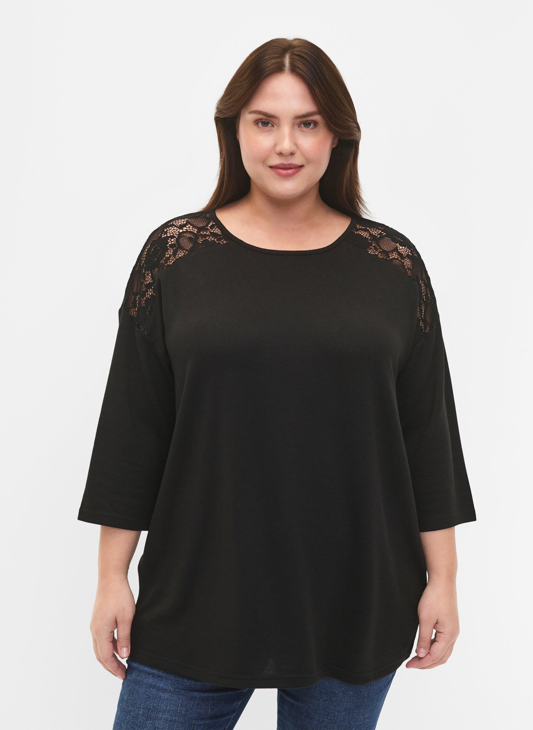 Zizzi Bluse med 3/4-ermer og blondedetaljer, Black, Model image number 0