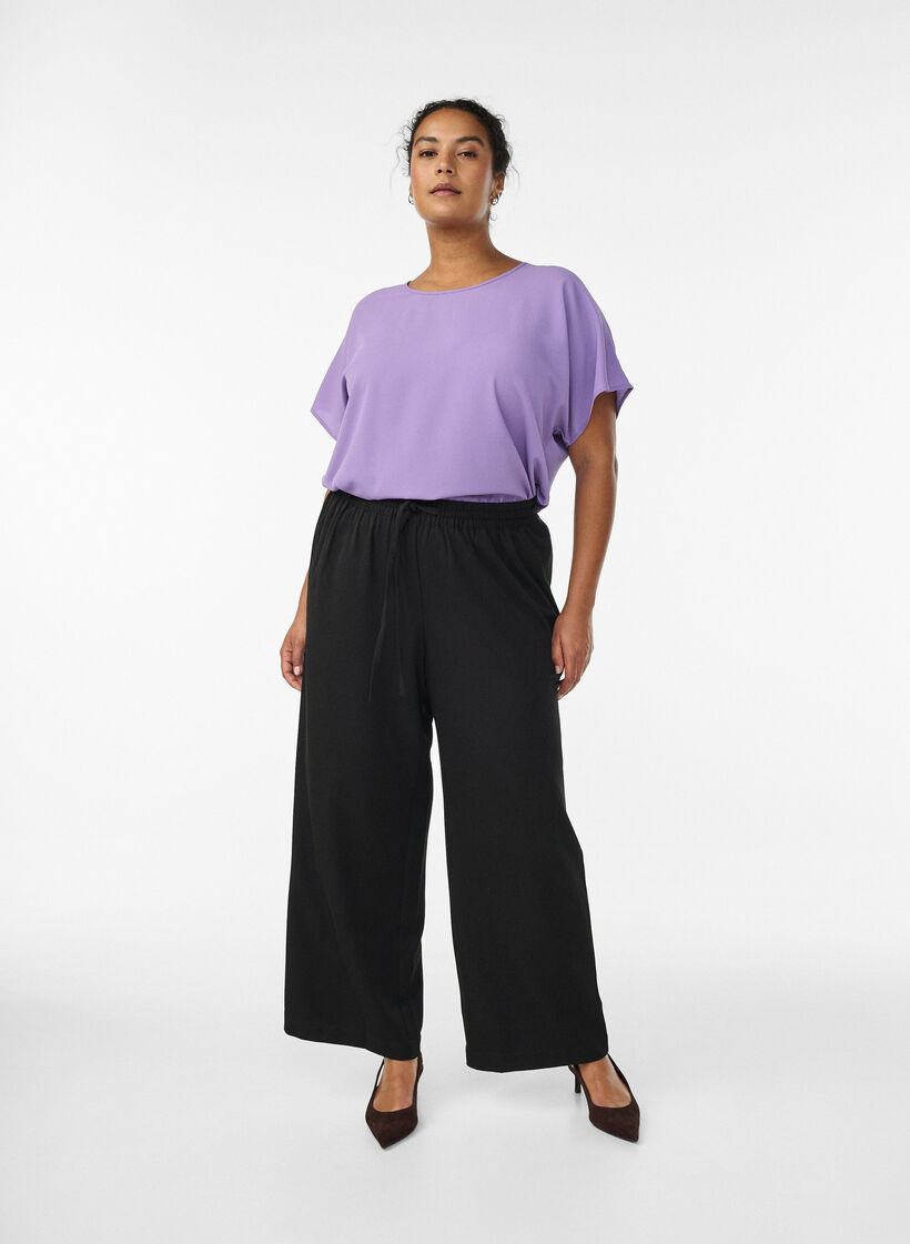 Bluse med korte ermer og rund hals, Lilla, Model image number 1