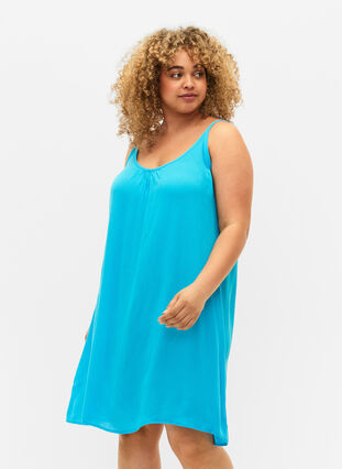 Ensfarget kjole i viskose med stropper, Blue Atoll, Model image number 2