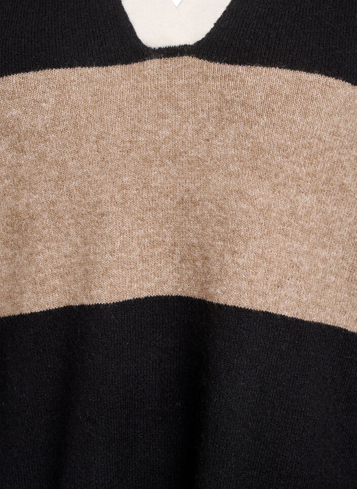 Strikket bluse med krage og V-hals, Black Stripe Comb, Packshot