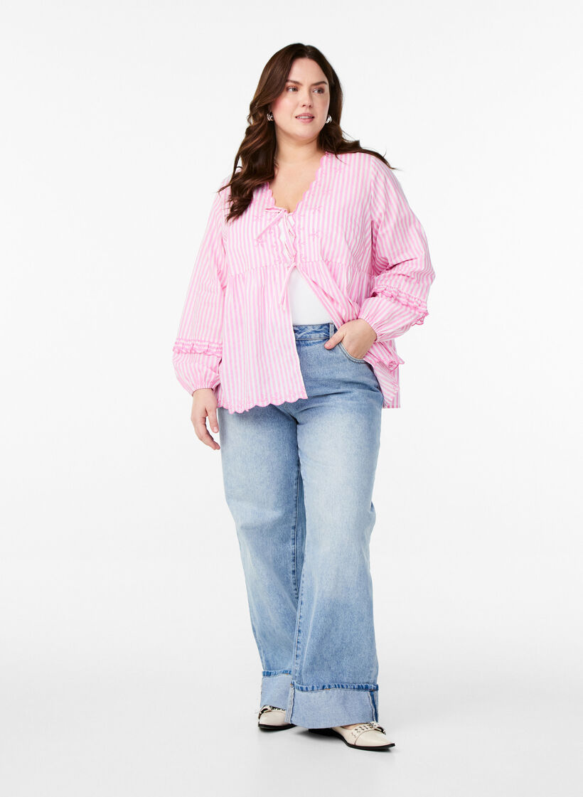 Stripete bluse med åpen front og broderidetaljer, Rosa, Model image number 1