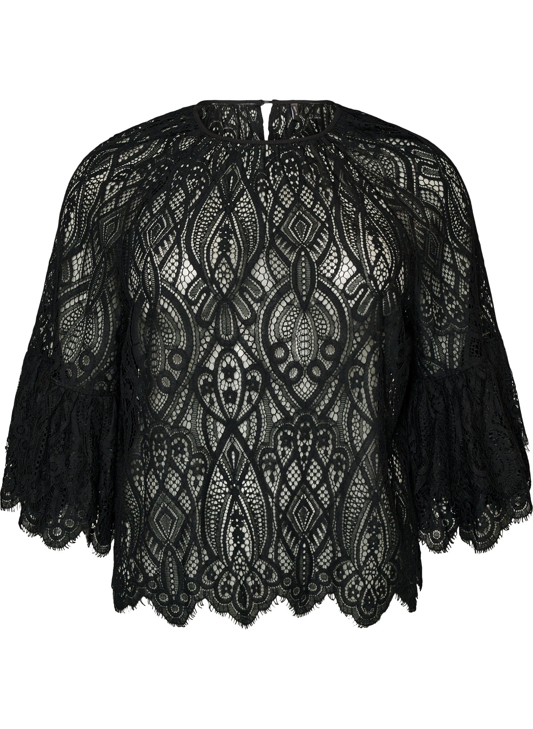 ZizziBlondebluse med lange trompetermer og volanger, Svart, Packshot image number 0