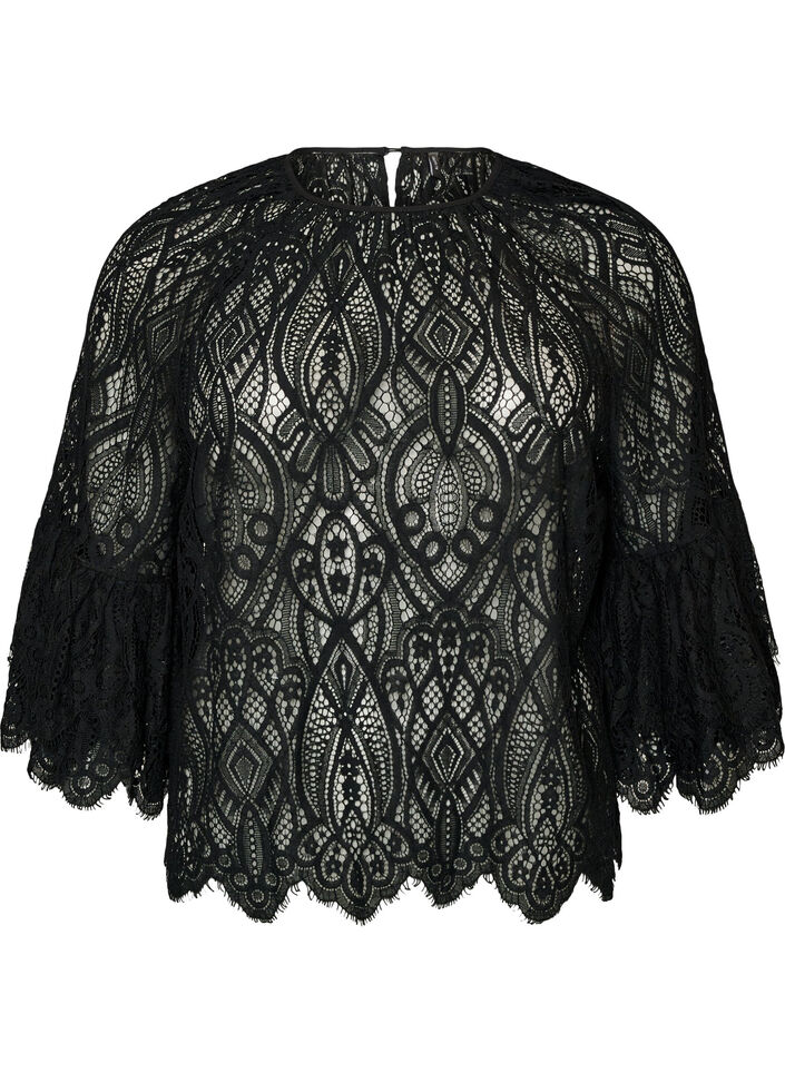 Blondebluse med lange trompetermer og volanger, Svart, Packshot image number 0