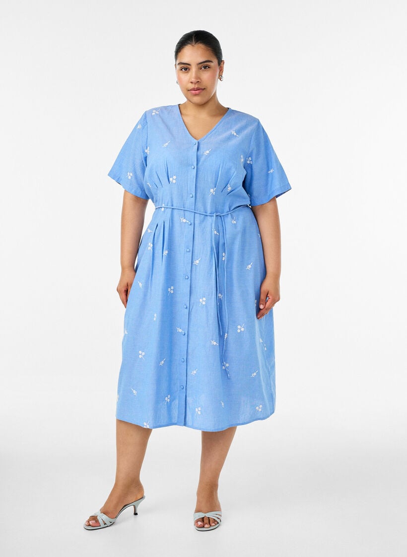 Skjortekjole i bomull med broderte blomster, Bl&aring;, Model image number 0