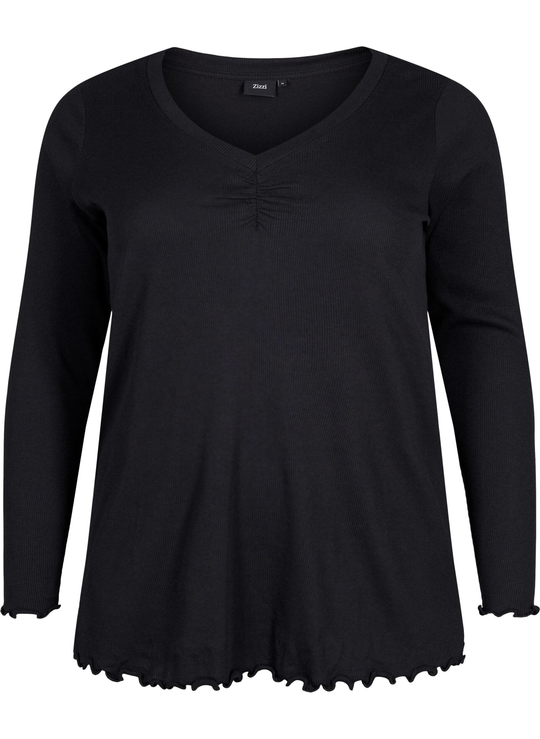 Zizzi Ribbestrikket bluse med lange ermer og V-hals, Black, Packshot image number 0