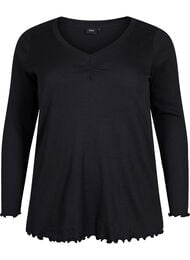 Ribbestrikket bluse med lange ermer og V-hals, Black