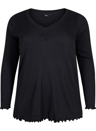 Zizzi Ribbestrikket bluse med lange ermer og V-hals, Black, Packshot image number 0