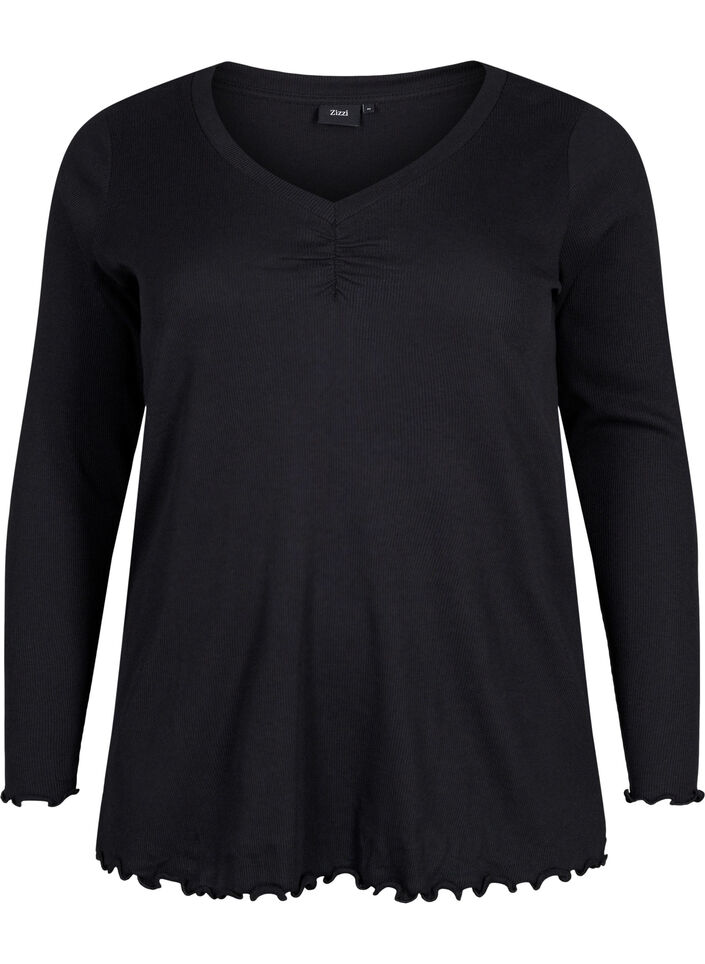 Ribbestrikket bluse med lange ermer og V-hals, Black, Packshot image number 0
