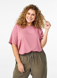 FLASH – Vevet bluse med korte ermer og rund hals, Rosa FLASH – Vevet bluse med korte ermer og rund hals, Rosa, Model