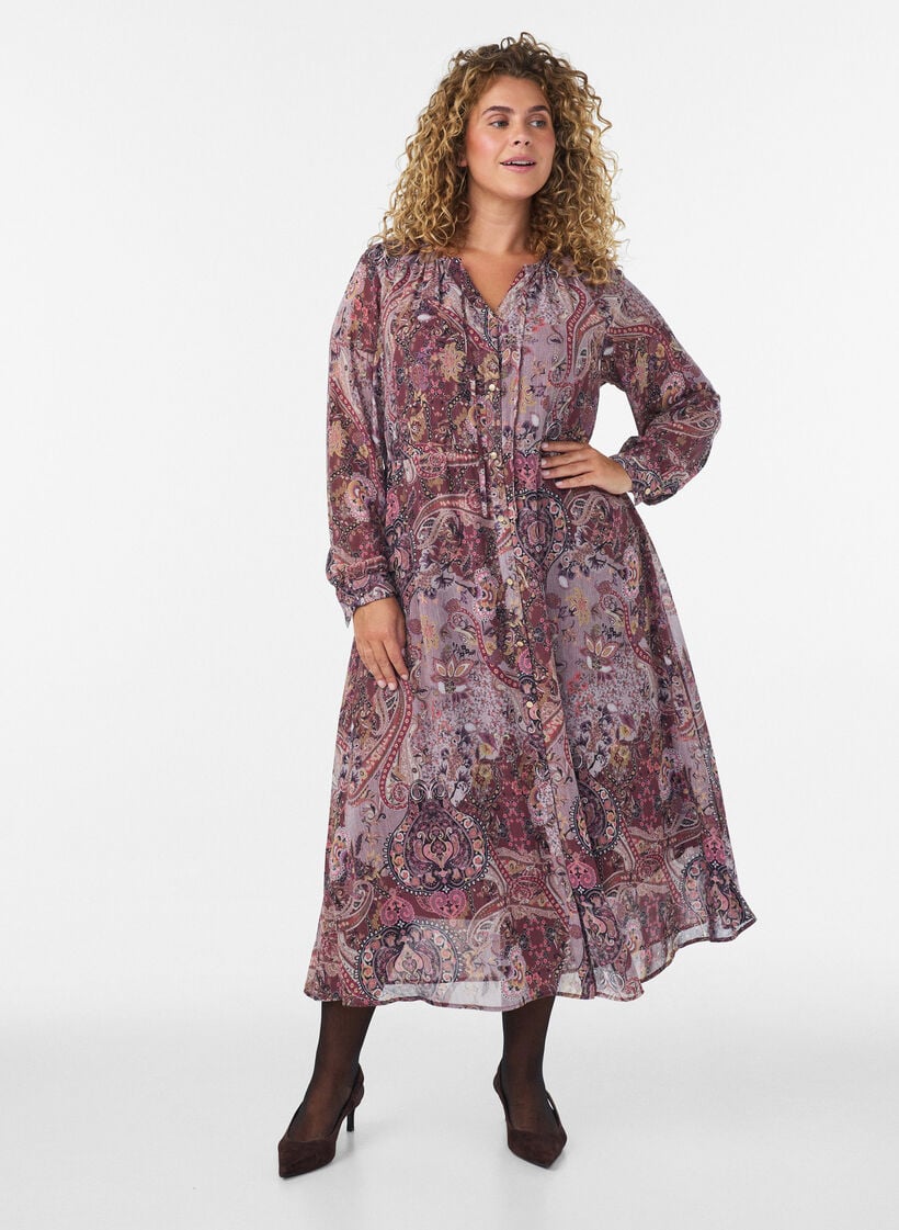 Midikjole med paisley-trykk og elastisk midje, Lilla, Model image number 0