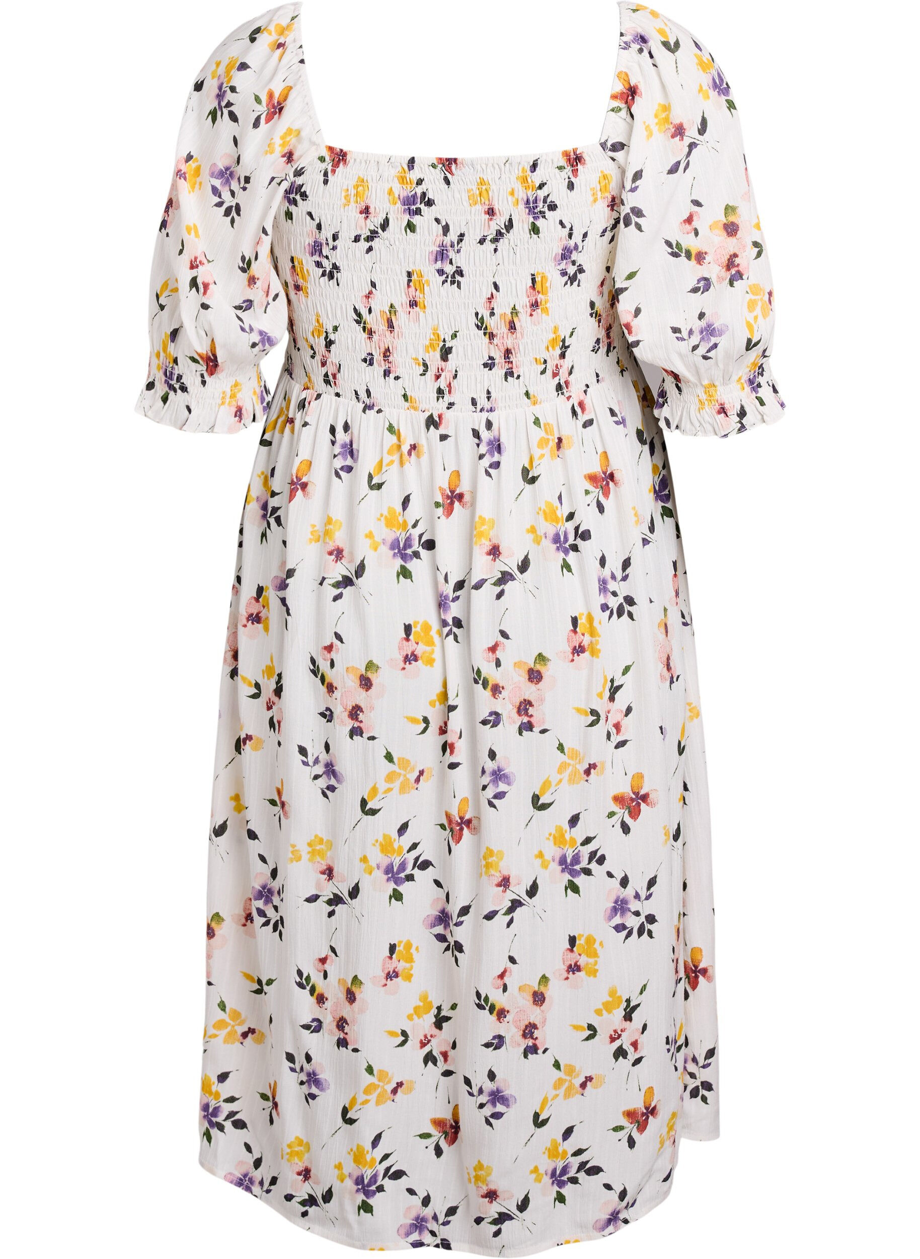 ZizziBlomstrete midikjole av viskose med smock, Hvit, Packshot image number 1