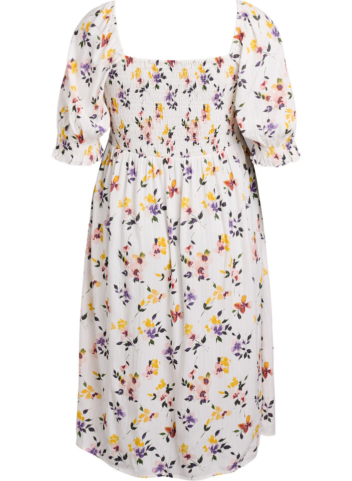 Blomstrete midikjole av viskose med smock, Hvit, Packshot image number 1