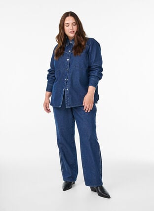 Zizzi Denimskjorte med nagler, Dark Blue Denim, Model image number 3