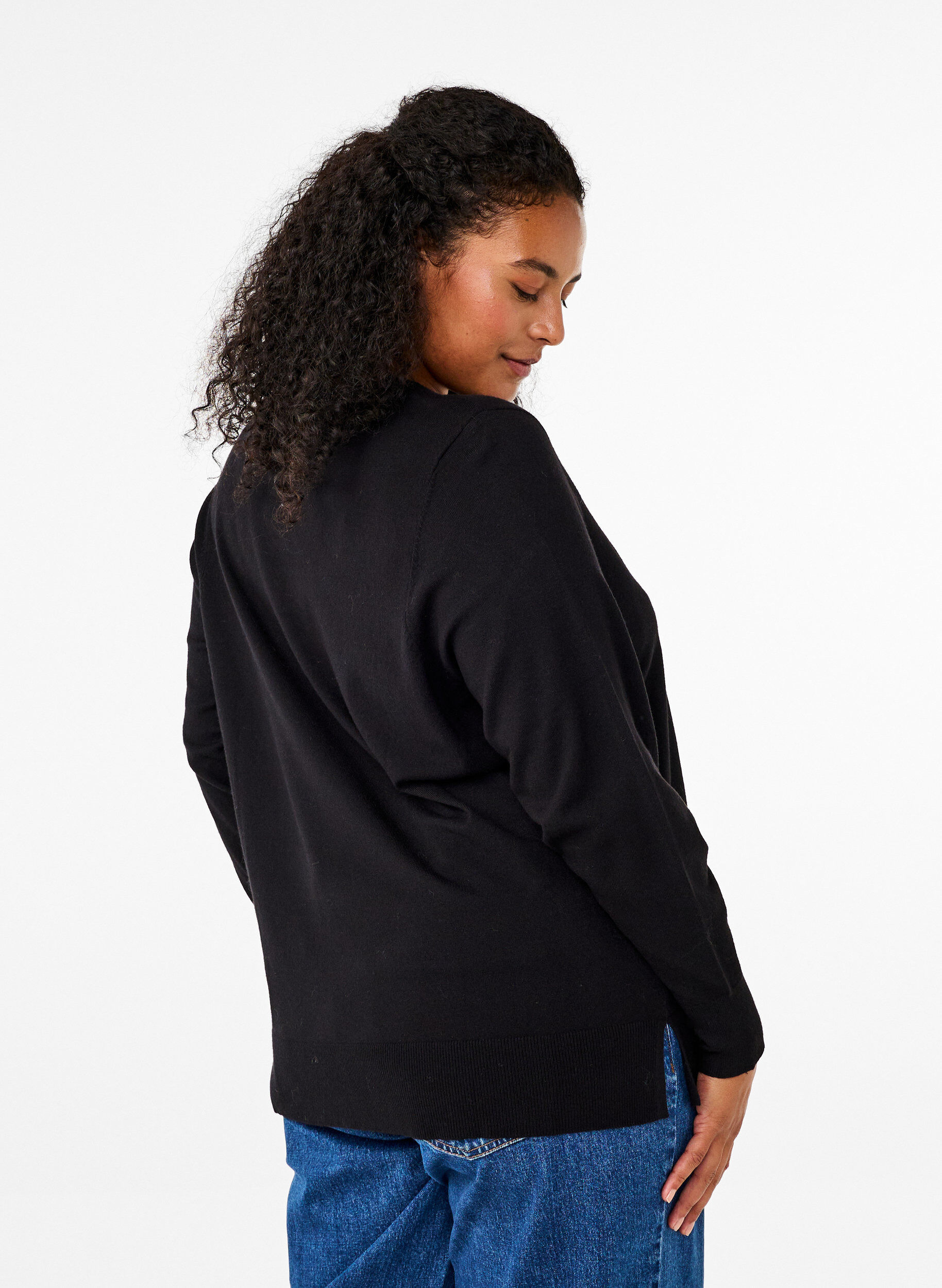 Zizzi Langermet strikket bluse med splitt, Svart, Model image number 2