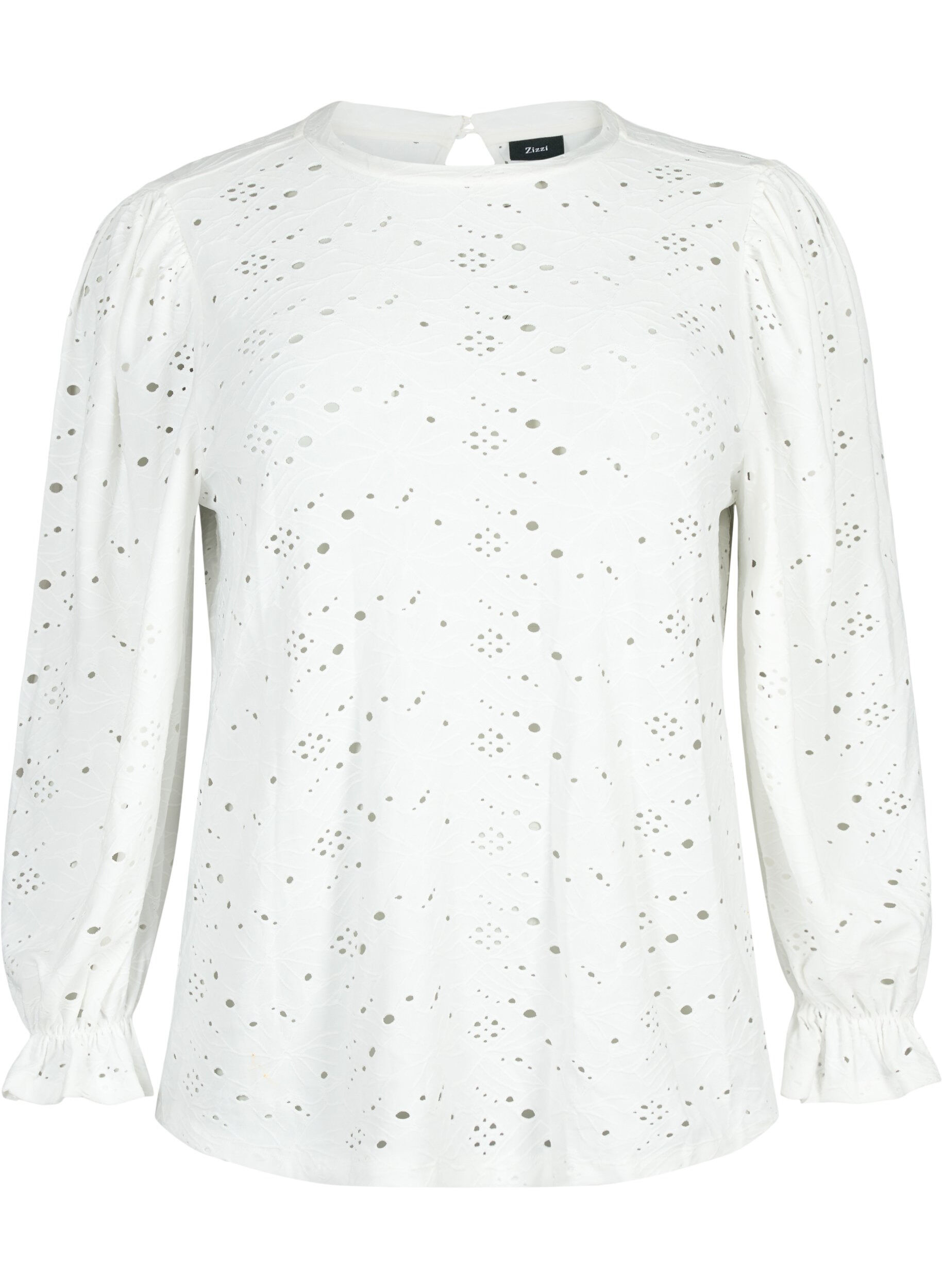 Zizzi Langermet bluse med hullm&oslash;nster, Bright White, Packshot image number 0