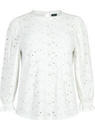 Langermet bluse med hullmønster, Bright White