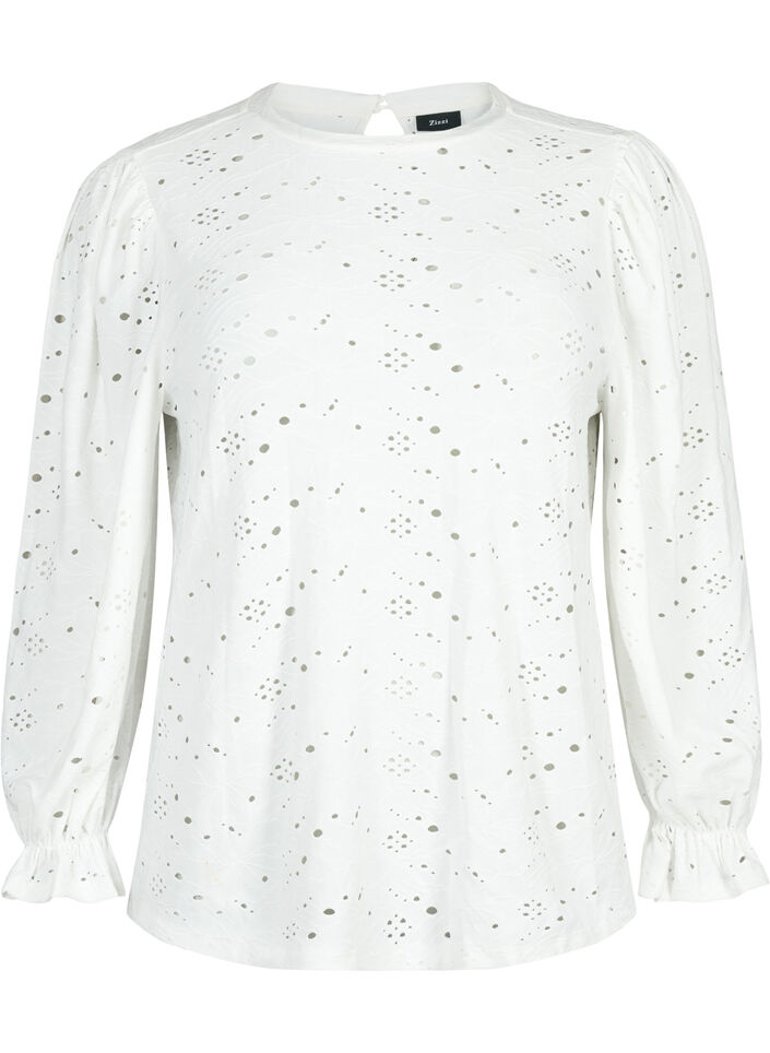 Langermet bluse med hullmønster, Bright White, Packshot image number 0