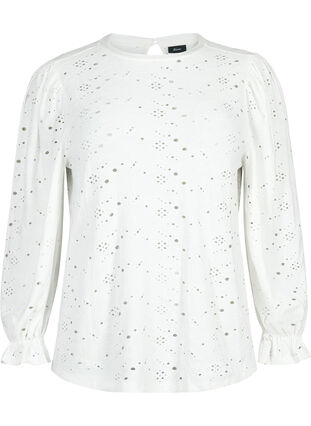 Langermet bluse med hullmønster, Bright White, Packshot image number 0