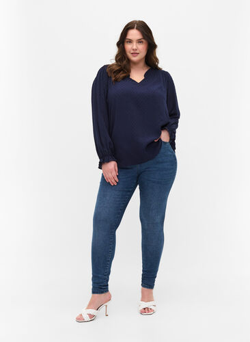 Langermet bluse med smock- og volangdetaljer, Navy Blazer, Model image number 2