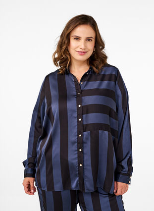 Zizzi Satengskjorte med striper, Spellbound w. Black, Model image number 0