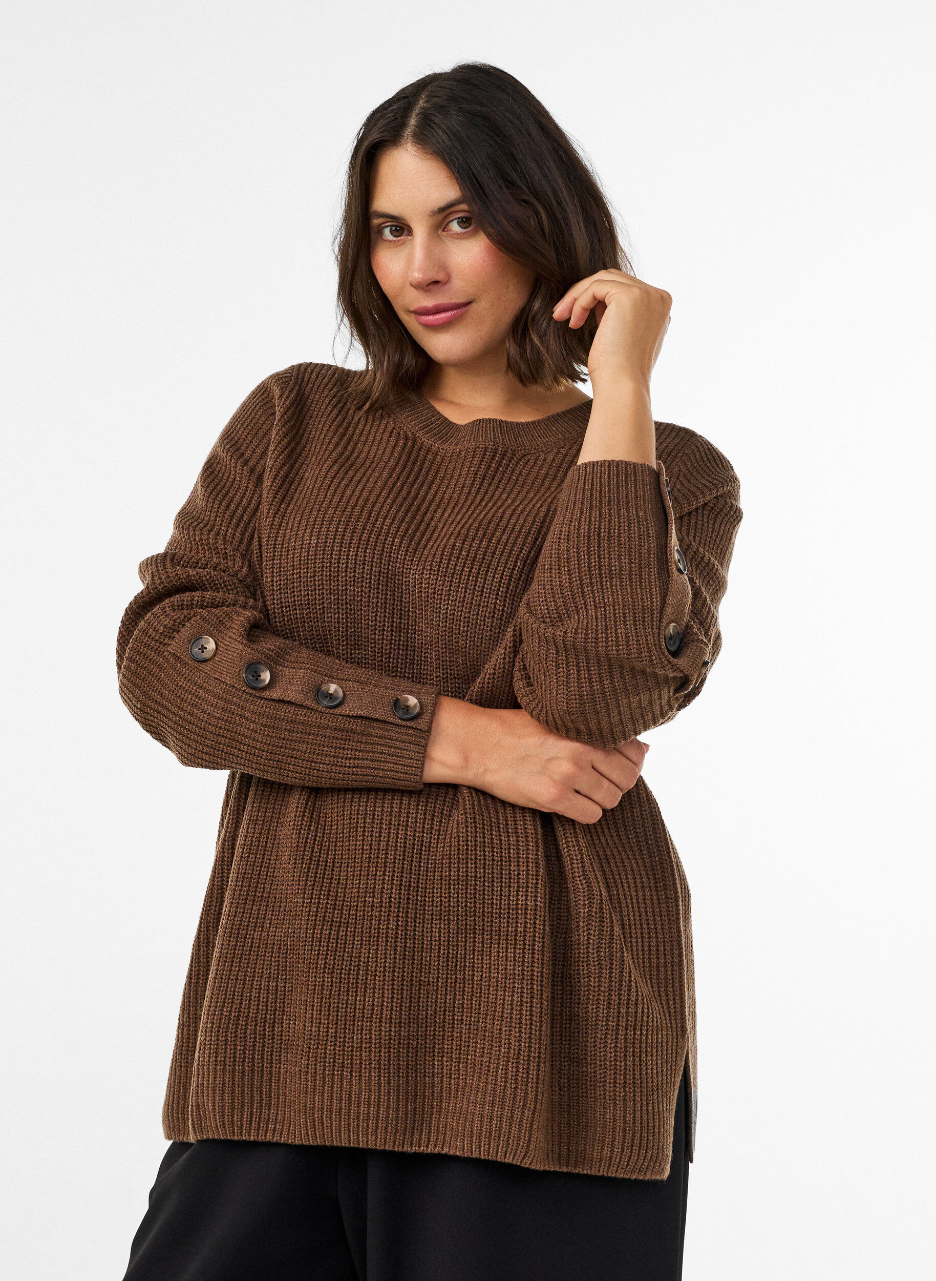 ZizziStrikket bluse med ribbestruktur og knappdetaljer, Brun, Model image number 0