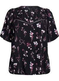 Blomstret bluse med korte ermer, Svart Blomstret bluse med korte ermer
