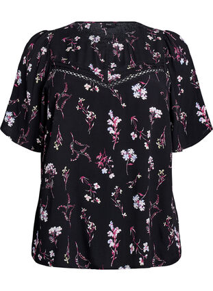 Zizzi Blomstret bluse med korte ermer, Svart, Packshot image number 0