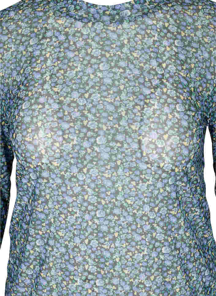 Bluse i mesh med blomstermønster, Black AOP, Packshot image number 2