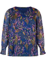 Blomstrete bluse med lange ermer og V-hals, Blue w. Pink Leaf
