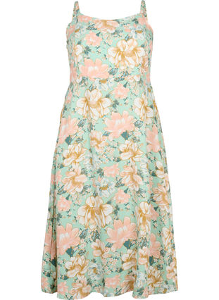 Blomstrete kjole med stropper i viskose med smock, Green Flower, Packshot image number 0