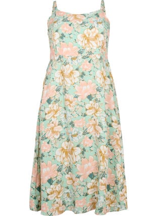 Blomstrete kjole med stropper i viskose med smock, Green Flower, Packshot image number 0