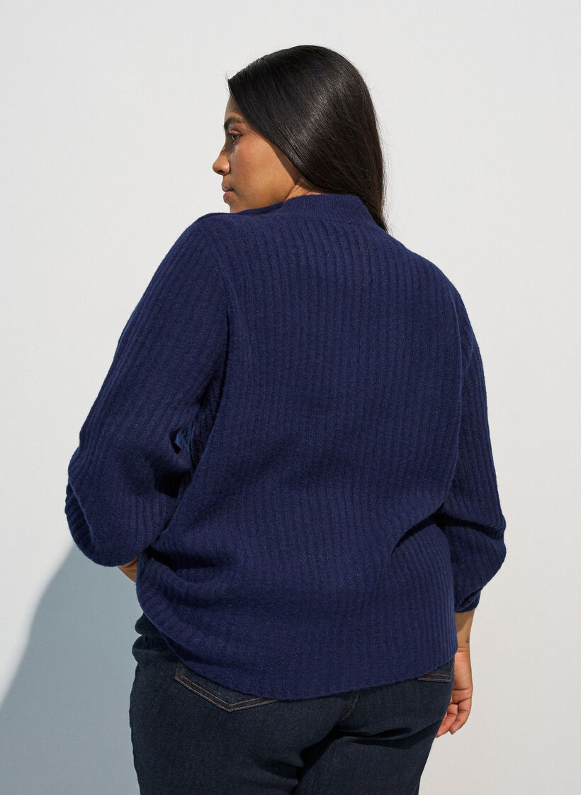 Ribbestrikket genser med puffede ermer og knapper, Bl&aring;, Model image number 2