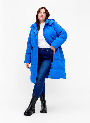 Lang Puffer jakke med lommer og hette, French Blue, Model image number 2