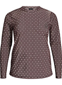 Bluse med mesh og prikker, Brun Bluse med mesh og prikker