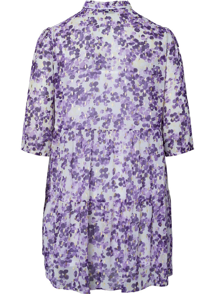 Tunika med blomstermønster og lurex, Beige/Purple Flower, Packshot image number 1