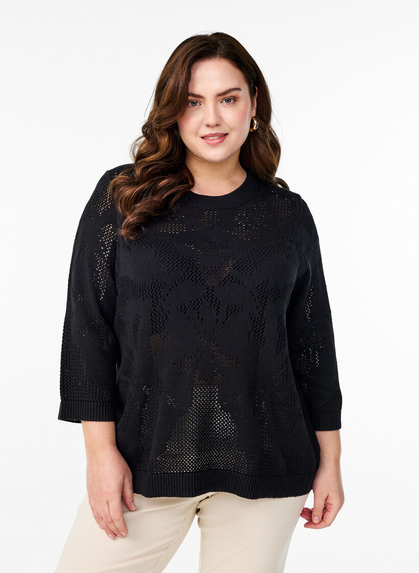 Strikket bluse med åpent mønster og 3/4-ermer, Black, Model image number 0