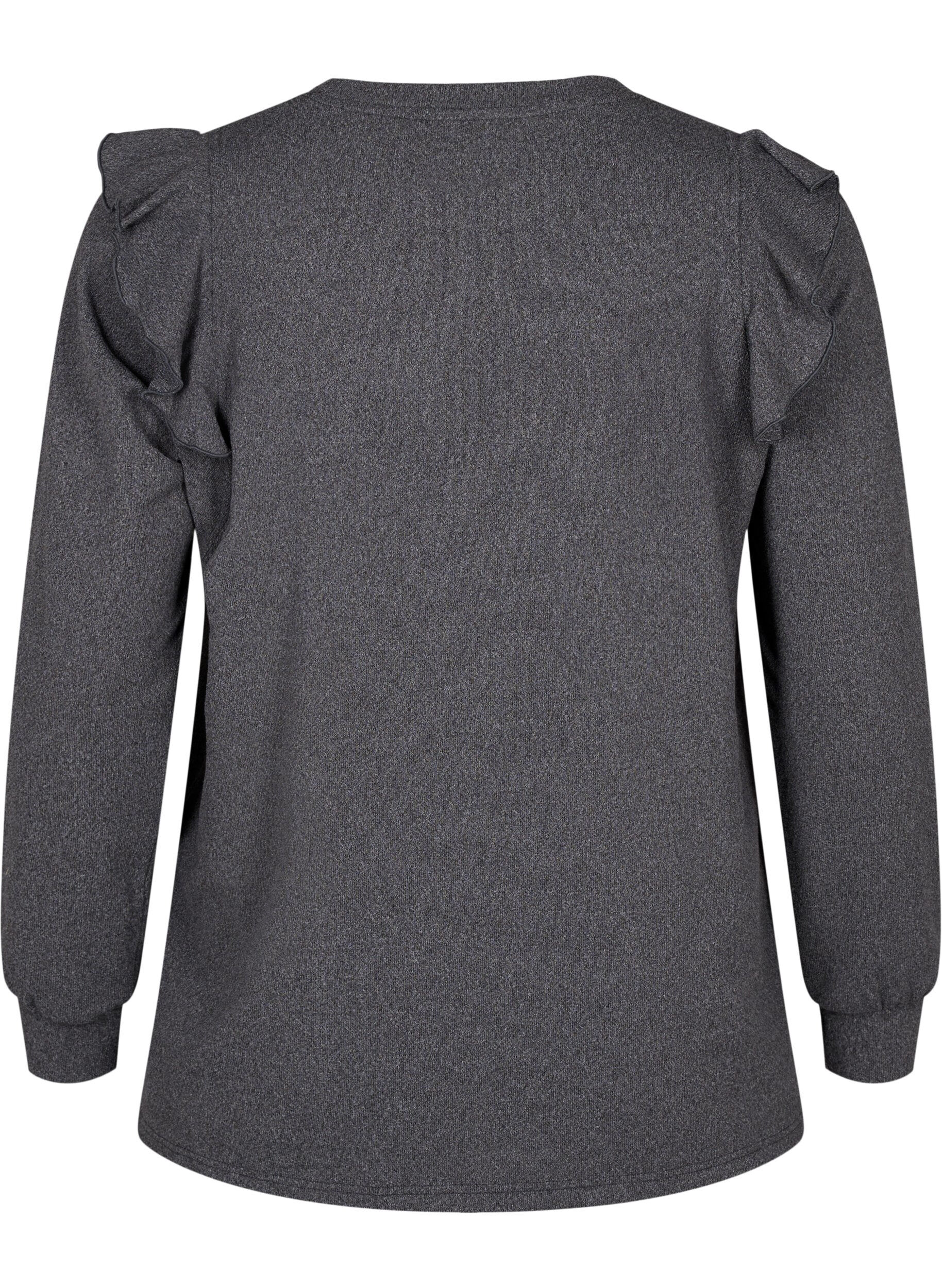 Zizzi Langermet bluse med volangdetaljer, Dark Grey Melange, Packshot image number 1