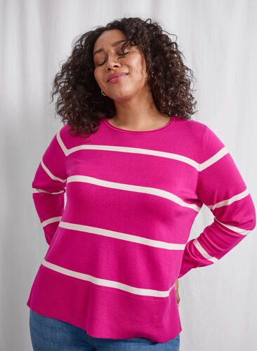 Zizzi Strikket viskosebluse med striper, Rosa, Image image number 0