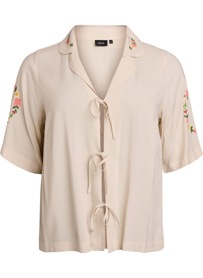 Pyjamatopp i viskose med knyting og blomstertrykk, Beige, Packshot image number 0