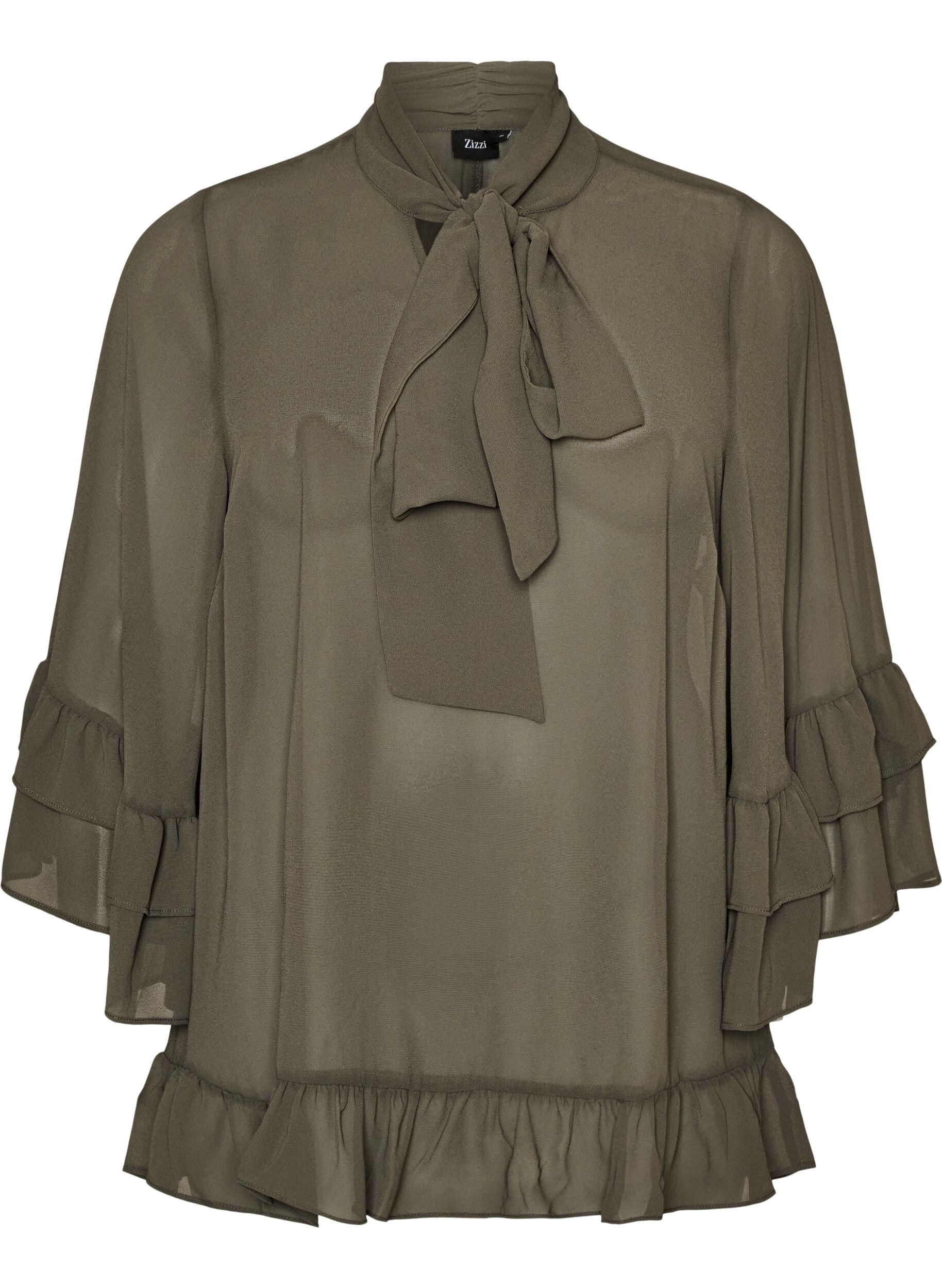 ZizziBluse med knyteb&aring;nd og volangdetaljer, Gr&aring;, Packshot image number 0