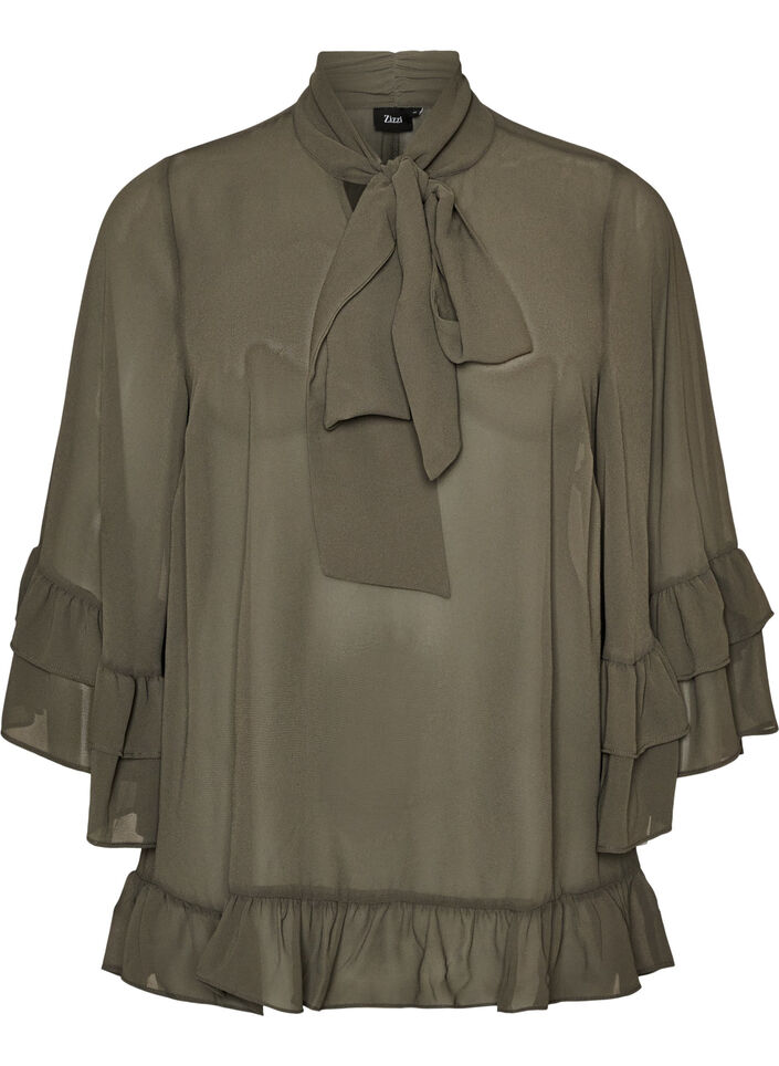 Bluse med knyteb&aring;nd og volangdetaljer, Gr&aring;, Packshot image number 0